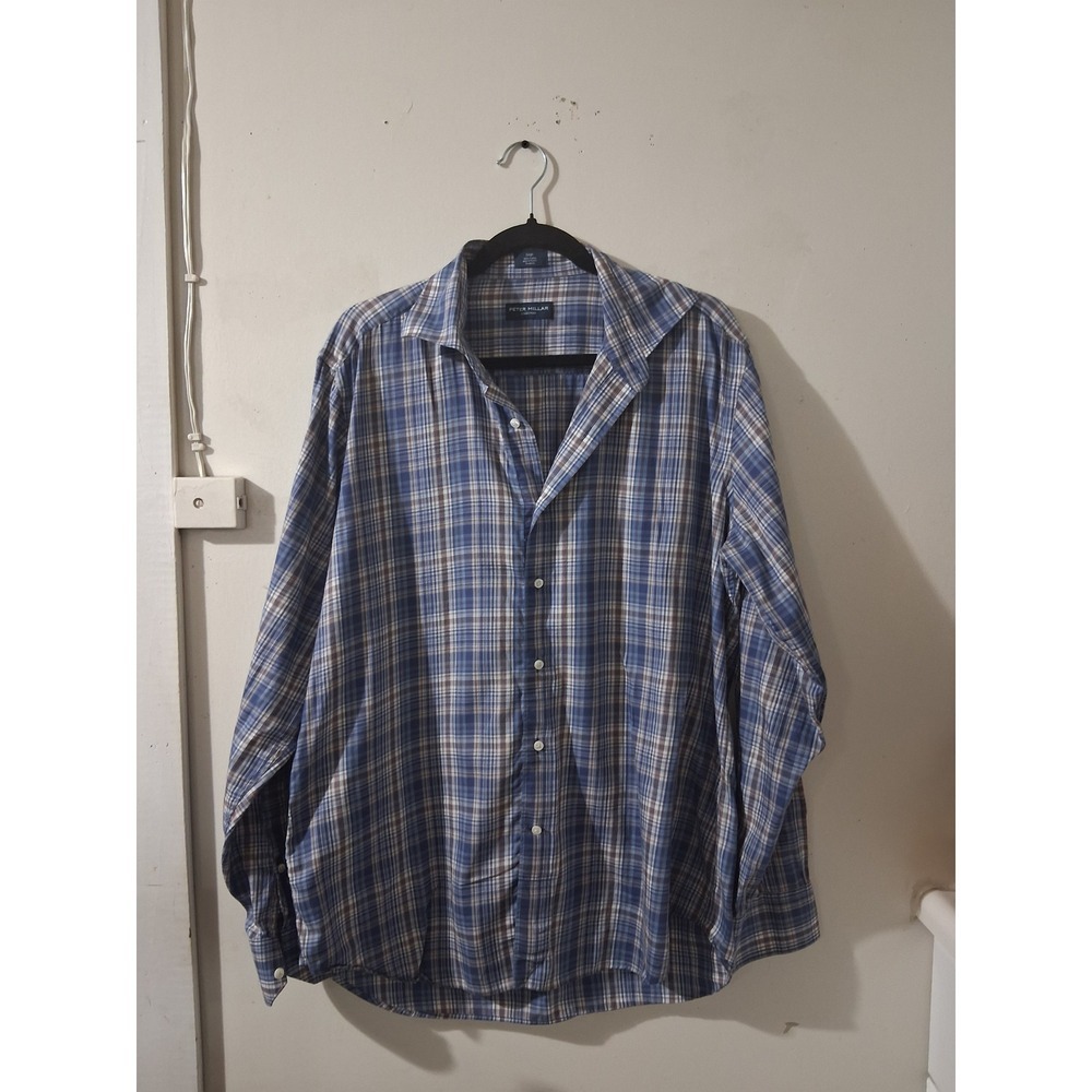Peter Millar Collection Mens Large Blue Plaid Button Down Shirt 100% Cotton